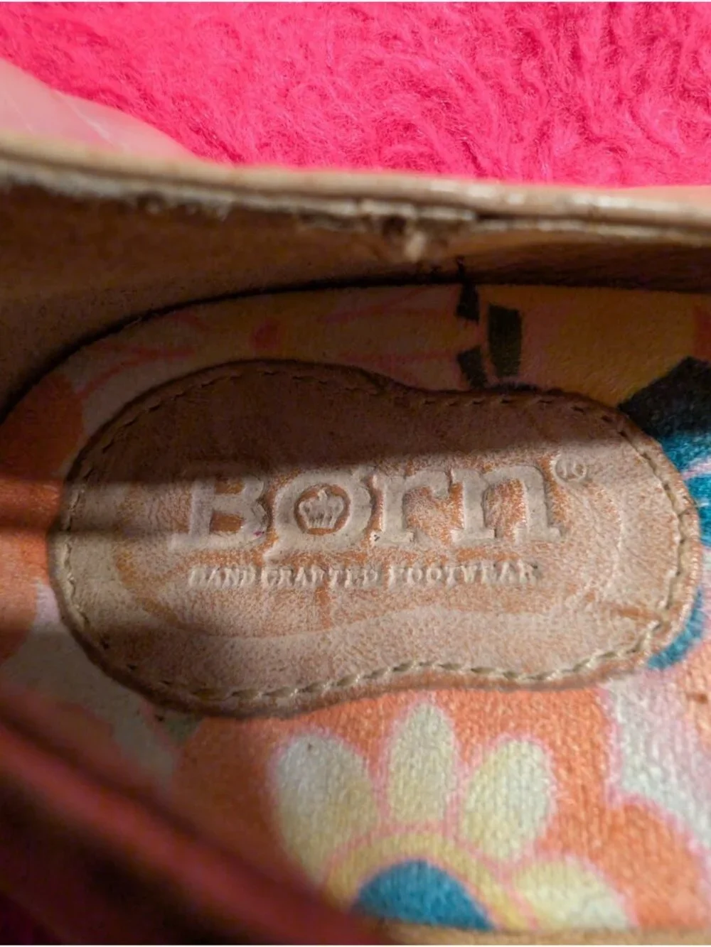 Born Leather Ballet Flats Womens 6.5 M Peach Beige Bow Slip On Floral Insole